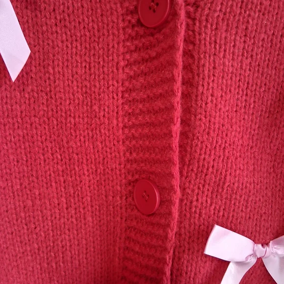 Anthropologie Luna Ivy Red Cardigan Adorned With Pink Bows. Sz.M Cozy - Picture 4 of 10